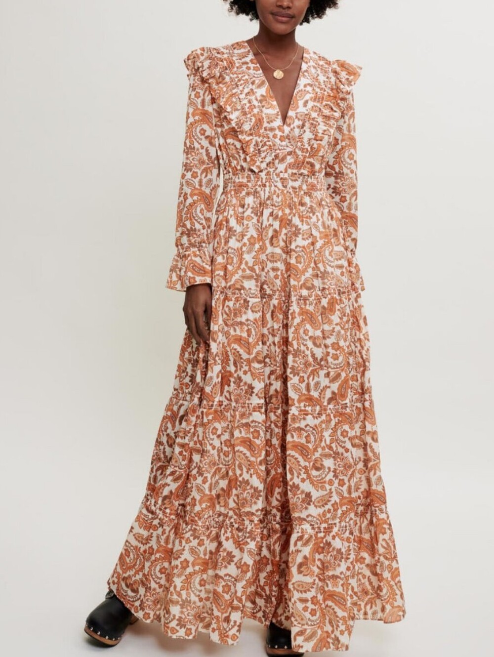Maje Paisley Printed Cotton Boho Floral Tiered Maxi Dress